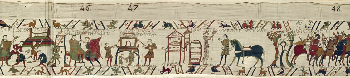 Normannen errichten Befestigungen in Hastings und ziehen in die Schlacht, Bayeux-Tapisserie